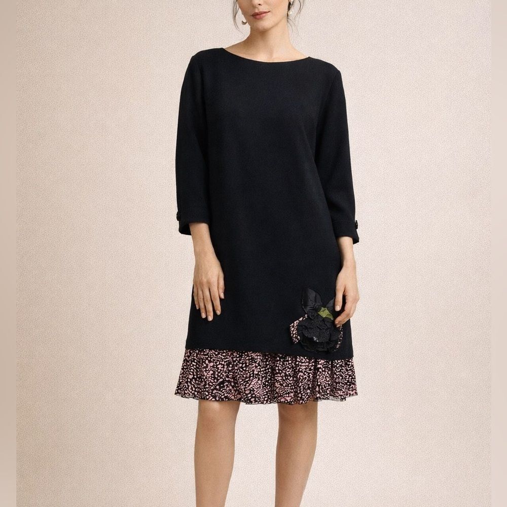 Norma Walters Black Wool Silk Dress Pink Hem Floral Applique Size 4